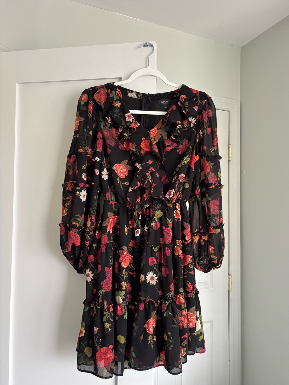 Cece Sheer Black Floral Ruffle Dress